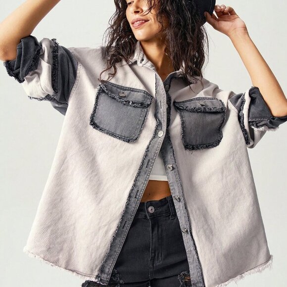 Casual Women's Patchwork Long Sleeve Loose Fit shacket Jacket - Picture 5 of 7